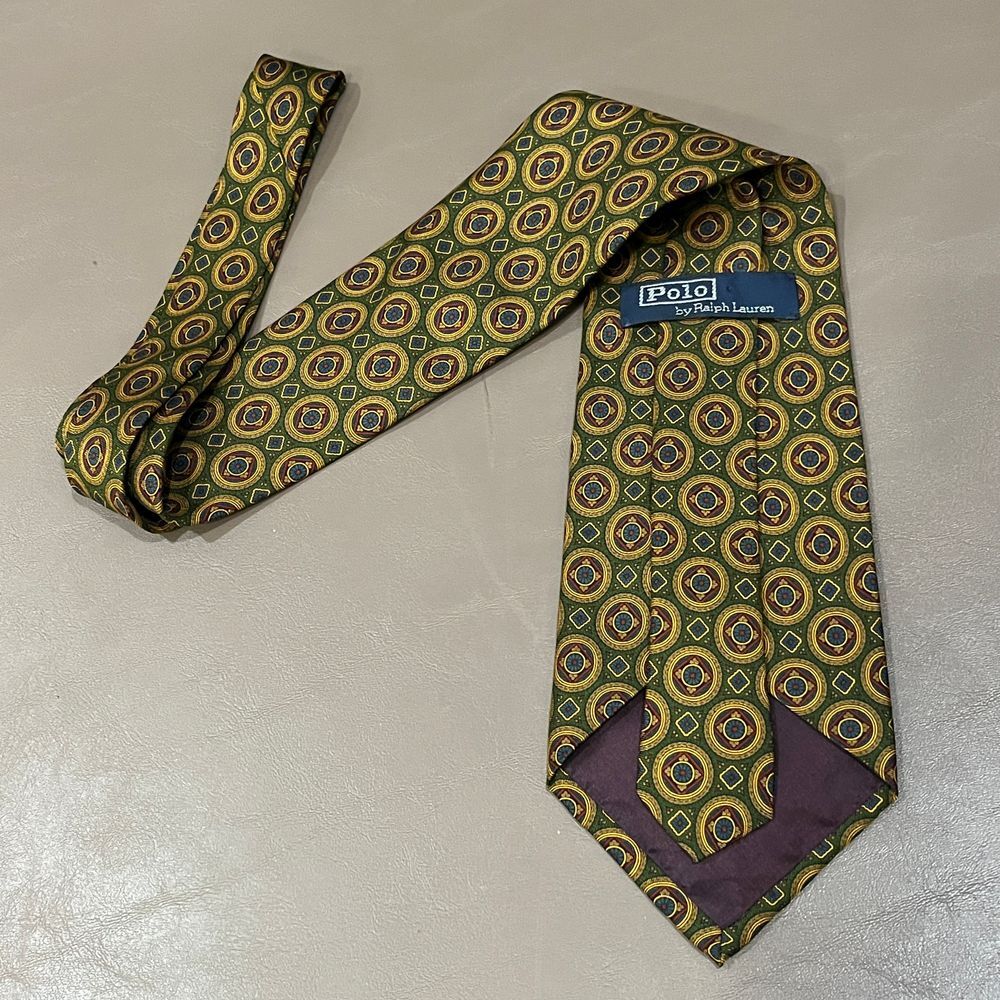 Polo Ralph Lauren Vintage Geometric Circle Print Silk Tie in Green and Gold - Picture 9 of 12